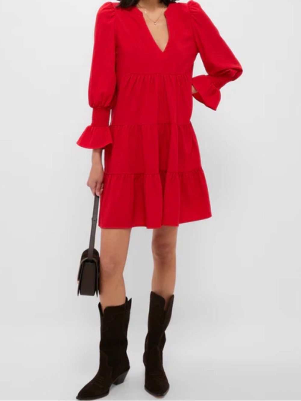 Pomander Place Red V‑Neck Puff Sleeve Tiered Mini Dress